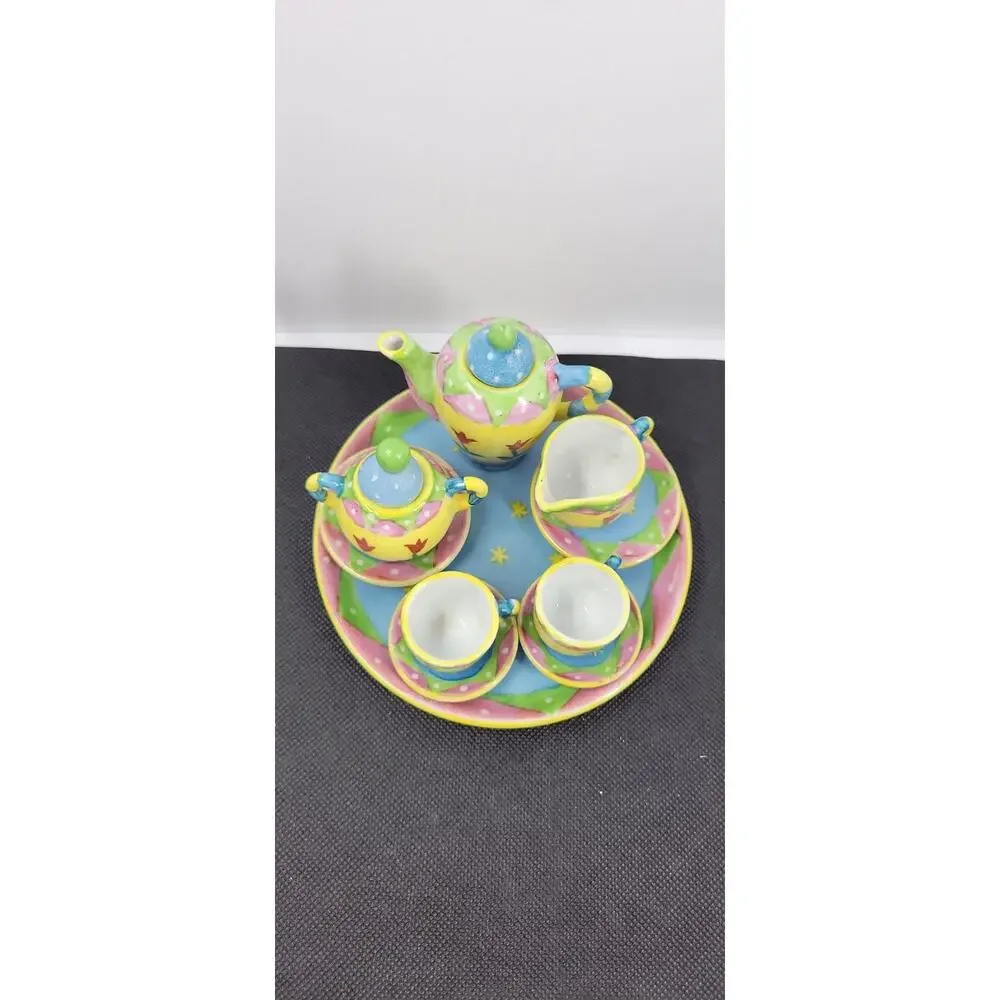 Bella Casa by Ganz Miniature Tea Set w/ Tray Hand Painted Floral Colorful